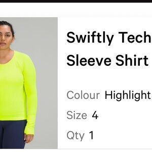 Lululemon Athletica Long Sleeve swiftly Tee size 4 - highlight Yellow